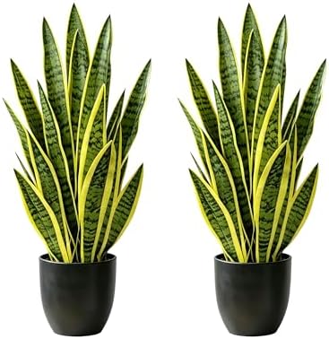 Artificial Snake Plant 2.3FT-2PCS, 27'' Sansevieria Plant with Black Pot, Low Maintenance Mother-in-Law's Tongue for Home Decor Indoor Outdoor, Desk Corner Office Hotel Garden(Yellow-2Pack) by JoyplantsDecoration