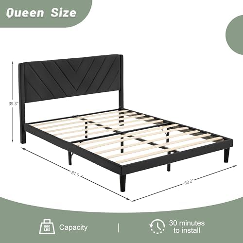 Queen Size Platform Bed Frame with Velvet Headboard, Wing Edge, Sturdy Wooden Slats, Noise-Free, No Box Spring Needed, Easy Assembly, Black - Image 2