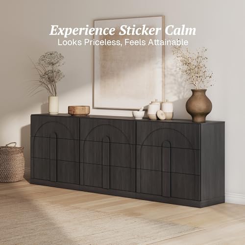 BELLEZE Sideboard Cabinet with 3 Drawers, Set of 3 Modern Wood Buffet Cabinet with Arc Design, Large Fluted Sideboard with Storage for Kitchen Living Room Entryway, Ebony - Image 4