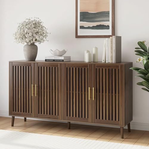 Smart FENDEE 63" Long Sideboard Buffet with 4 Slatted Doors, Farmhouse Buffet Storage Cabinet with Adjustable Shelf, Coffee Bar Cabinet for Entryway, Kitchen, Dining Room, Living Room, Walnut Color by SmartFENDEE