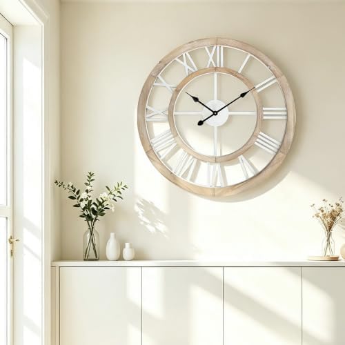 30 Inch Oversized Rustic Wall Clock Silent Non-Ticking Wooden Wall Clocks with Roman Numerals Farmhouse Decorative Clock for Living Room Bedroom Office (Light Lvory) - Image 2