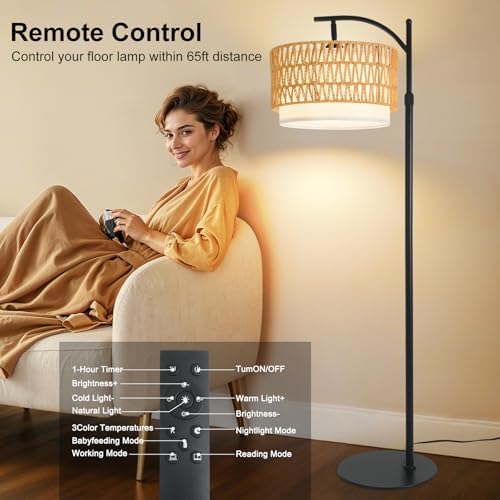 Rustic Black Farmhouse Floor Lamp with Woven Rattan Shade - 12W LED, Remote & Dimmable 3-Color Temp, Tall Standing Lamp for Living Room - Image 6