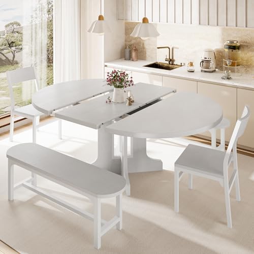 iPormis 5-Piece Round Dining Table Set for 4-6, 59" Extendable Dining Room Table Set with 2 Ergonomic Chairs & 2 Benches, Oval Modern Dinette Table with MDF Board and Metal Frame, Space-Saving, White - Image 3