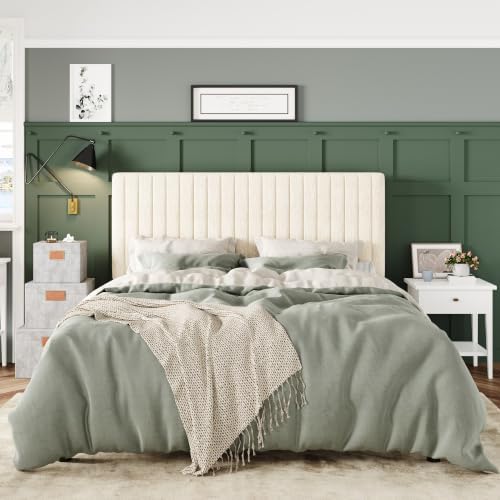 Allewie Full Bed Frame, Upholstered Platform Bed with Adjustable Vertical Channel Tufted Headboard, Mattress Foundation with Strong Wooden Slats, Box Spring Optional, Easy Assembly, Chenille White - Image 3