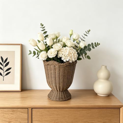 Rattan Planter, Woven Planter Basket for Plants Indoor Outdoor, Rattan Flower Pot, Decorative Plant Holder Basket for Garden Patio Boho Home Decor(Brown&Scalloped-Small:11.81" H x 9.84" W) - Image 4
