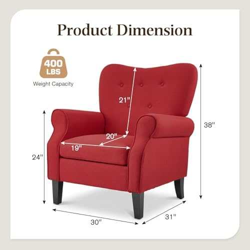YOLENY Modern Accent Chair,High Back Armchair,Upholstered Fabric Button Single Sofa with Wooden Legs for Living Room,Bedroom,Club,Red - Image 3