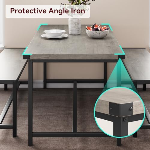 GarveeHome Dining Table Set for 4, Kitchen Table with 2 Metal Wood Benches, Rectangular Room Dining Table Set, 3 Piece Farmhouse Kitchen Table Set for Small Space, Apartment, Studio, Rustic Gray - Image 5