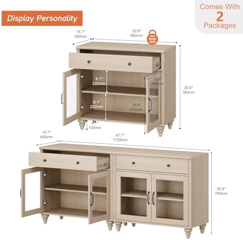 WAMPAT Sideboard Buffet Cabinets with 4 Glass Doors, Kitchen Storage Cabinets, Wooden Coffee Bar Tables with Vintage Gourd Leg, Accent Sideboard Credenza Table for Dining Room, Living Room, Beige, 68" - Image 2