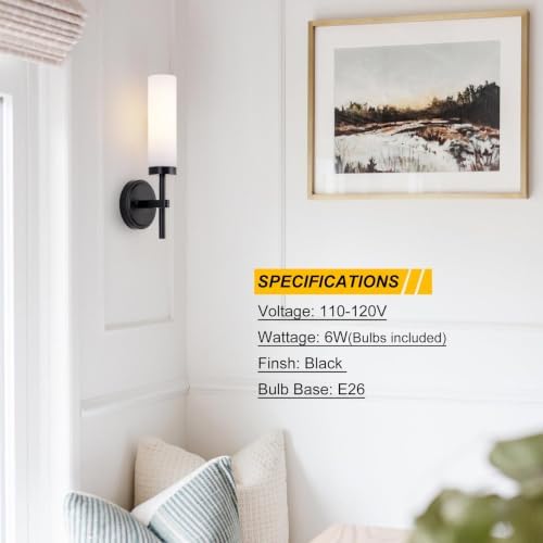 Black Bathroom Wall Sconces Set of 2, Modern Sconces Wall Lighting Vanity Lights with Opal White Glass Shade, Farmhouse Wall Mount Lamp for Mirror Living Room Bedroom Hallway Kitchen Stairs - Image 6