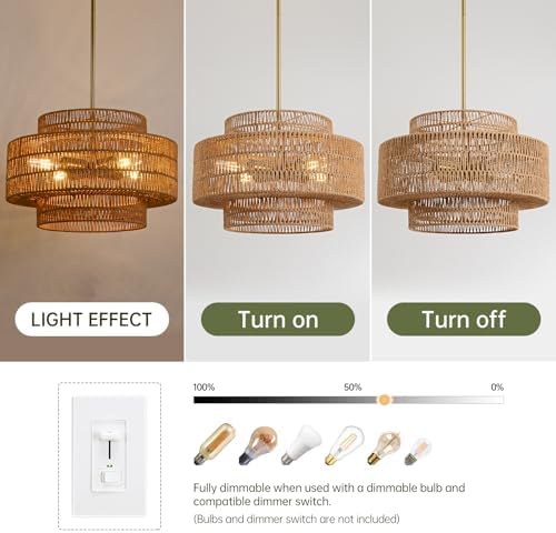 17.7" Rattan Chandelier for Dining Room, Large Boho Pendant Light - Image 4