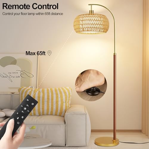 Wood Arc Floor Lamps for Living Room,Boho Rattan Floor Lamp with Remote Control & 3 Color Temperatures,Dimmable Mid Century Modern Standing Lamp Farmhouse Vintage Tall Floor Lamp For Bedroom Corner - Image 4