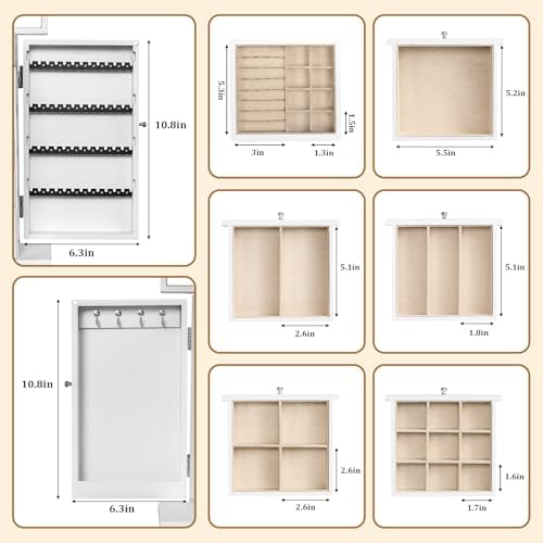 Emfogo Wooden Jewelry Box for Women, 6-Tier Large Jewelry Organizer Boxes with Mirror Rustic Solid Wood jewlery Storage for Rings Earrings Necklaces Bracelets watches(White) - Image 6