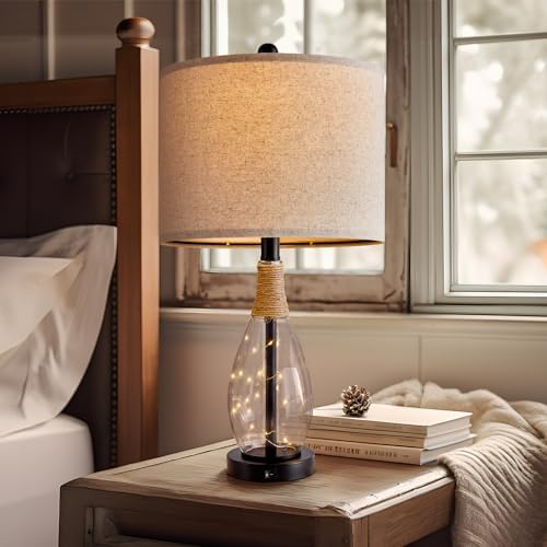 OYEARS Bedside Table Lamp with USB, 23‘’ Black Modern Nightstand Lamps for Bedroom, Retro Rattan Table Lamps for Night Stands, Living Room, Farmhouse Table Lamp with Glass Nightlight Lamps - Image 6
