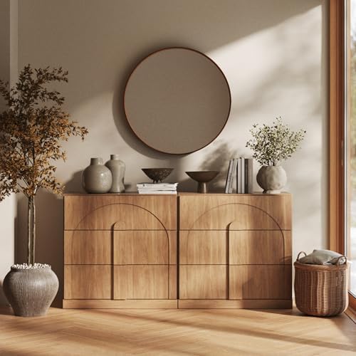 BELLEZE Sideboard Cabinet with 3 Drawers, Set of 2 Modern Wood Buffet Cabinet with Arc Design, Large Fluted Sideboard with Storage for Kitchen Living Room Entryway, Camel by BELLEZE