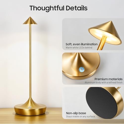 Cordless LED Table Lamp, Rechargeable, 3 Color Dimmable, Gold - Image 3