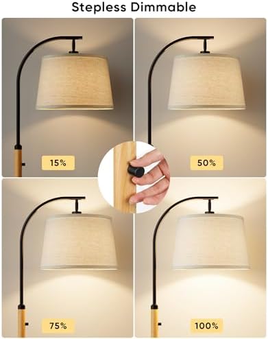 Dimmable Floor Lamp for Living Room, 65" Tall Metal Standing Lamp with LED Bulb, Mid Century Modern Arc Floor Lamp with Linen Shade for Bedroom, Reading Room, Office & Nursery, Black&Natural Color - Image 2