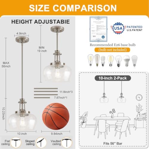 Modern Pendant Lights Kitchen Island, Brushed Nickel Pendant Light Fixtures with 10" Clear Air Bubble Glass Shade, Industrial Hanging Pendant Lights Fixture for Kitchen Island Dining Room Entryway - Image 5