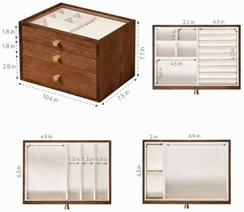 Black Walnut Jewelry Box for Women, 3 Layer Wooden Organizer with Glass Lid - Image 5