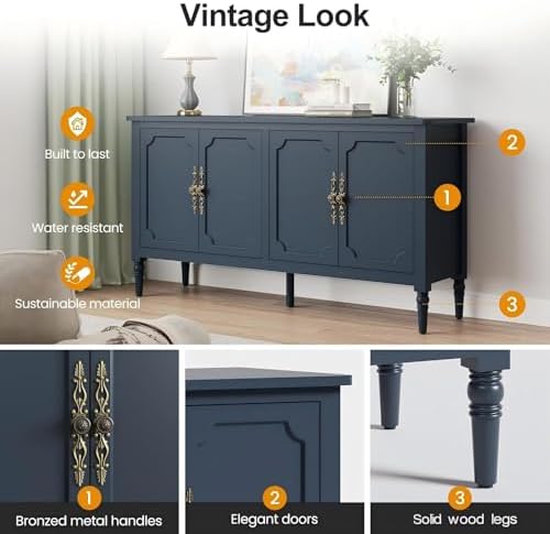 RoyalCraft Buffet Cabinet with Storage, Vintage Sideboard with Adjustable Shelves, Mid Century Modern Painted Credenza Coffee Bar for Kitchen, Dining Room, Entryway, Blue - Image 6