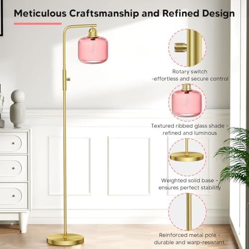 66" Dimmable Gold Standing Lamp with Pink Ribbed Glass for Living Room - Image 3