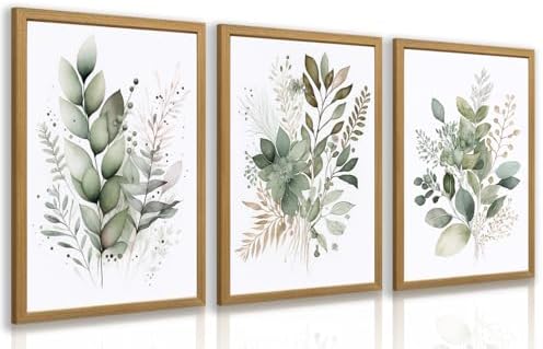 LLEEMPI Sage Green Botanical Wall Art Set of 3, 12x16 Wood Framed Prints by Unknown