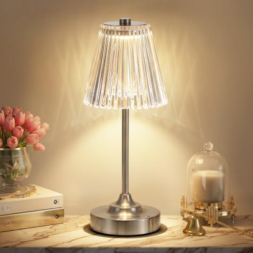 Silver Cordless Rechargeable Table Lamp, Touch Battery Powered Lamp, 3 Color Modes, Crystal Acrylic Lampshade, Portable Ambient Night Light for Desk, Bedroom, Living Room, Dining Room, Kitchen, Bar by KakanuoLightings