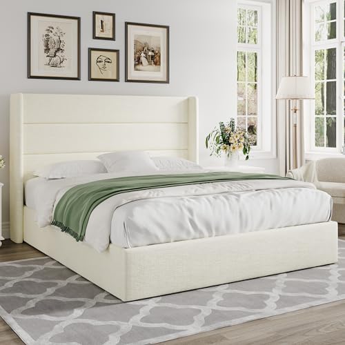 Allewie Queen Size Chenille Lift Up Hydraulic Storage Bed Frame Cream White - Image 7