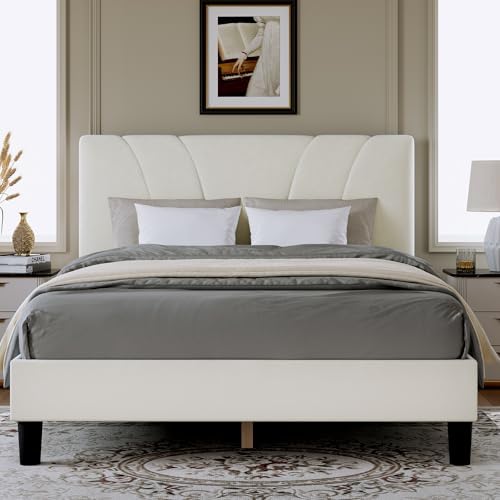 Novilla King Bed Frame and Headboard, King Bed Frame, Velvet Upholstered Bed Frames, No Box Spring Needed, Heavy Duty Feet, Easy Assembly, White Velvet by Novilla