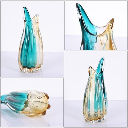 Hand Blown Teal Amber Colorblock Glass Vase, Modern Home Table Centerpiece - Image 2