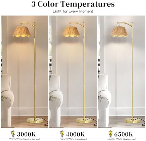 Cinyirong 62.5" Rattan Arc Floor Lamp with 3 Color Temperatures, Boho Hand Woven Shade Standing Floor Lamp, Gold Metal Base Foot Switch Farmhouse Tall Corner Reading Lamp for Living Room Bedroom - Image 5