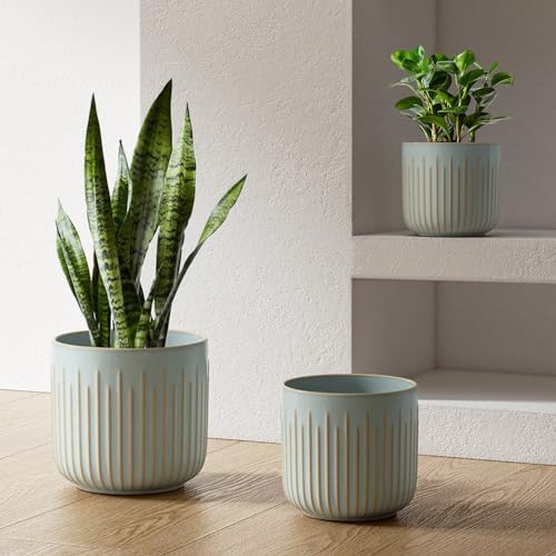 LE TAUCI Ceramic Pots for Plants, 8.3/7/6 Inch Indoor Planters with Drainage Holes & Mesh, Modern Glossy Glaze Cylinder Fluted Plant Pot for Snake Plant, Set of 3, Mist Gray by LETAUCI