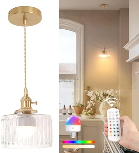 Shenmoyl Battery Operated Pendant Light 5000mAh Rechargeable Chandelier with Remote Control Wireless Adjustable Hanging Clear Striped Light for Kitchen Island Dining Room Hallway by Shenmoyl