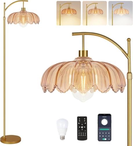 ILLMTW Gold Floor Lamp for Living Room,Bedroom,Mid Century Modern Standing Lamp with Remote,Dimmable Brass Tall Lamp Amber Glass Vintage Retro Arc Floor Lamps Flower Floor Light Boho Bohemian by IlluminateTheWorld