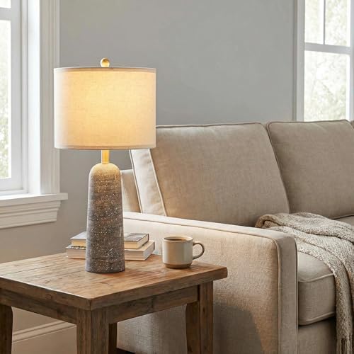 BOBOMOMO 27.25" Modern Table Lamp Set of 2, Light Grey Resin Table Lamps with Stone Look, Lamps for Living Room with Linen Shades, Bedroom Nightstand Lamps, Table Lamps for Living Room End Tables - Image 4