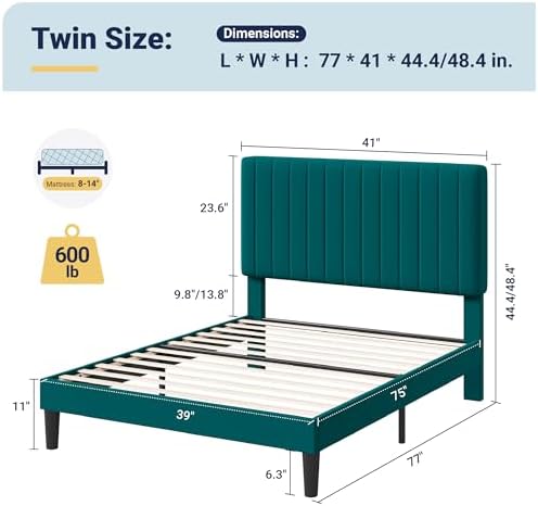Allewie Twin Bed Frame, Velvet Upholstered Platform Bed with Adjustable Vertical Channel Tufted Headboard, Mattress Foundation with Strong Wooden Slats, Box Spring Optional, Easy Assembly, Teal - Image 2