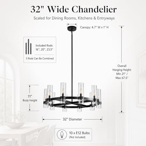 32 Inch Black Cross Wagon Wheel Chandelier with Glass Shades, 10 Lights X-Frame Farmhouse Chandelier, Modern Rustic Pendant Light for Dining Room, Kitchen Island, Entryway - Image 4