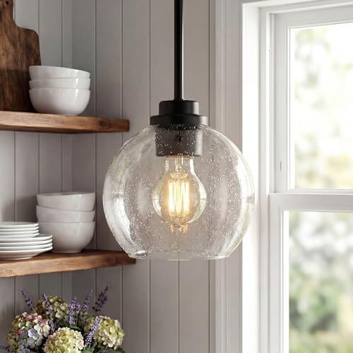 2-Pack Pendant Lights Kitchen Island, 7" Modern Black Hanging Lights Fixtures with Clear Seeded Glass Globe Shade, Kitchen Island Lighting for Bathroom, AD-22280-1P2-BK-S - Image 6