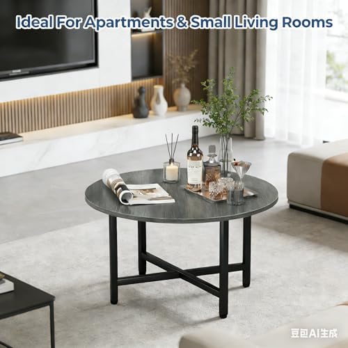 FAMIDGE Coffee Table, 23.6" Round Coffee Table, Gray Living Room Tables - Image 4