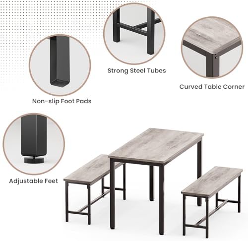 Dining Table Set for 4, 3 Piece Dining Room Table Set for Space-Saving, Modern Kitchen Table with 2 Benchs for Apartment Breakfast Nook and Samll Space, Grey - Image 4