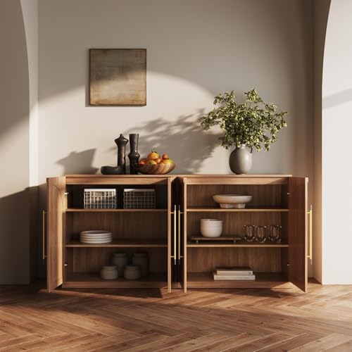 BELLEZE 65" Arched Sideboard with Glass Door, Accent Buffet Cabinet with Storage and Adjustable Shelves, Classic Modern Large Console Table for Dining Room Living Room Entryway (Camel) - Image 5