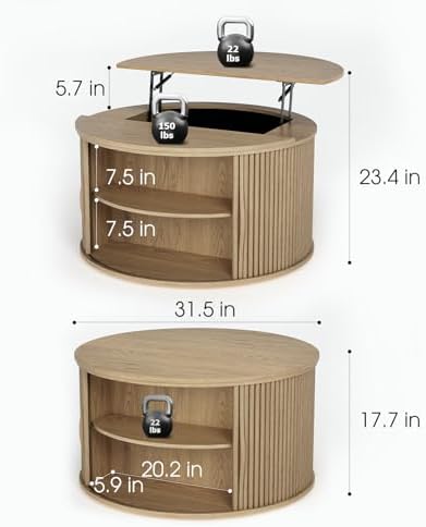 JOINICE Round Lift Top Coffee Table with Storage for Living Room,Oak - Image 2