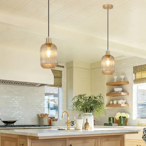 2 Pack Amber Cylinder Pendant Lights Kitchen Island with Ribbed Lampshade, Brushed Gold Hanging Light Fixture, Adjustable Pendant Lighting for Kitchen Island Sink Dining Room (Bulbs Not Included) - Image 2