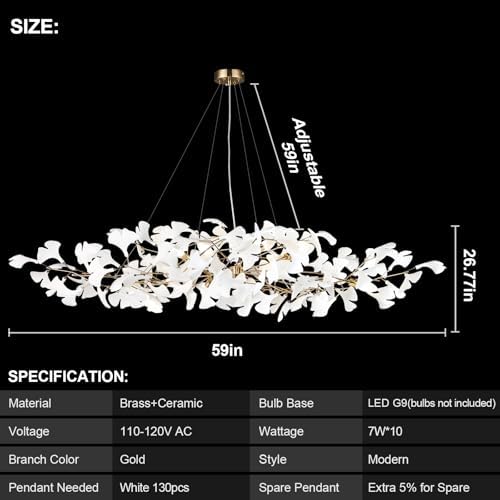 59 Inch Modern Rectangle Chandelier Ceramic Ginkgo Leaf Chandeliers Large Brass Chandeliers White Chandelier for Dining Room Living Room,10-Light - Image 2