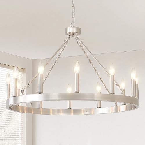 32" Silver Chandelier 12-Light Farmhouse Wagon Wheel Light Fixture by VBKKLighting