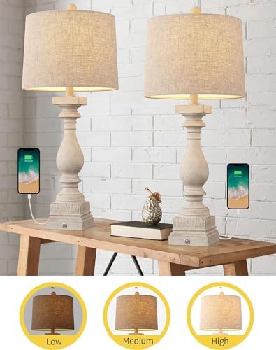 BOBOMOMO 27" Farmhouse 3-Way Dimmable Touch Control Table Lamp Set of 2 with USB A &USB C Charging Ports for Bedroom Living Room Vintage Rustic Traditional Nightstand Bedside Lamps (2 Bulbs Included) - Image 5