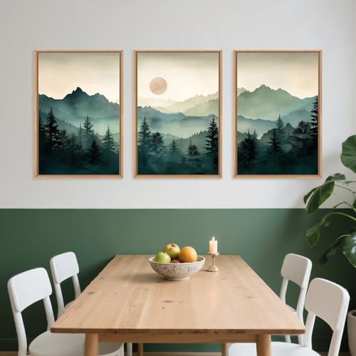 LHIUEM Large Boho Mountain Framed Wall Art Set,Green Foggy Forest Wall Painting,Abstract Nature Sunrise Artwork,Watercolor Pine Tree Wall Decor for Living Room,Bedroom,Office-16''x24''x3 - Image 3