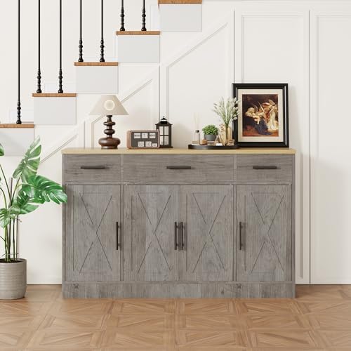 Shintenchi Buffet Cabinet with Storage,53.4" Large Kitchen Storage Cabinet with 3 Drawers and 4 Doors,Wood Farmhouse Buffet Sideboard with Adjustable Shelf for Kitchen Living Room, Gray - Image 6