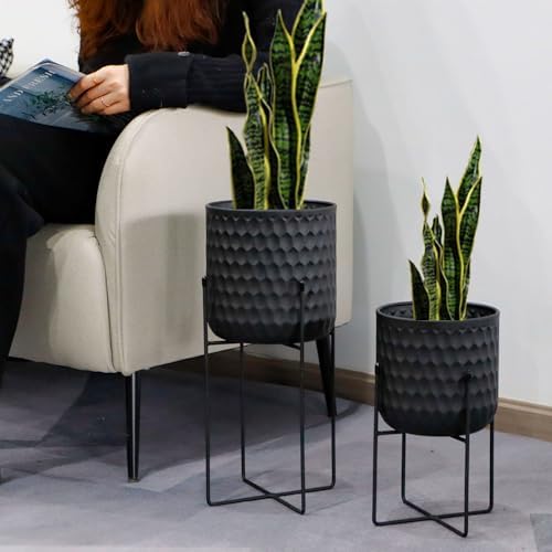 TRIROCKS Set of 2 Metal Planters with Stand, Small Indoor Plant Pots 8" D x 18" H & 7" D x 12" HModern Decorative Flower Pots for Living Room, Entryway, Office, Balcony(Black) - Image 4