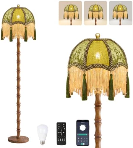 Vintage Floor Lamp For Living Room,Remote Dimmable Wood LED Standing Lamps With Victorian Fringe Green,Retro Corner Tall Lamp Floor Light For Bedroom,Office,Boho Farmhouse Nursery Rustic Decor by Unknown