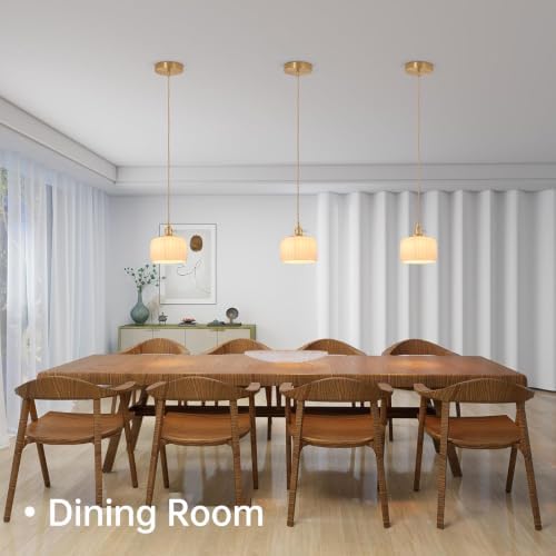 Shenmoyl Pendant Light with White Striped Glass Lmapshade, Brass Vintage Pendant Light Adjustable Hanging Light for Kitchen Island Dining Room Hallway - Image 3